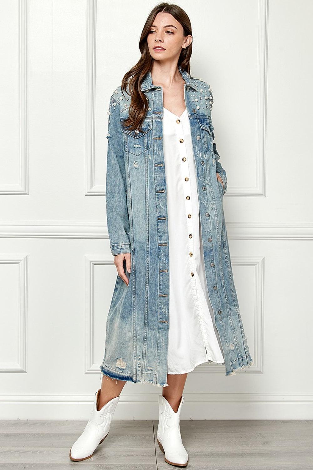 Veveret Full Size Distressed Raw Hem Pearl Detail Button Up Jacket Carauana Store