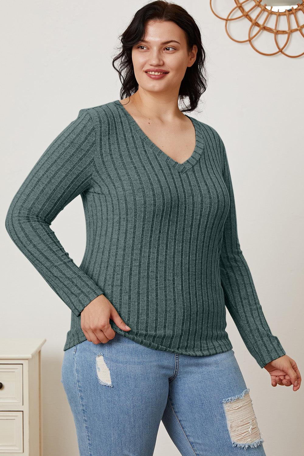 Basic Bae Full Size Ribbed V-Neck Long Sleeve T-Shirt Carauana Store