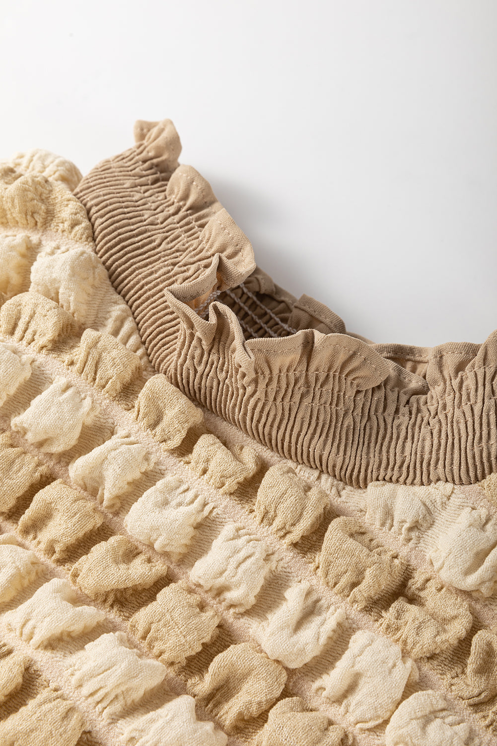 Beige Textured Mock Neck Short Sleeve Blouse