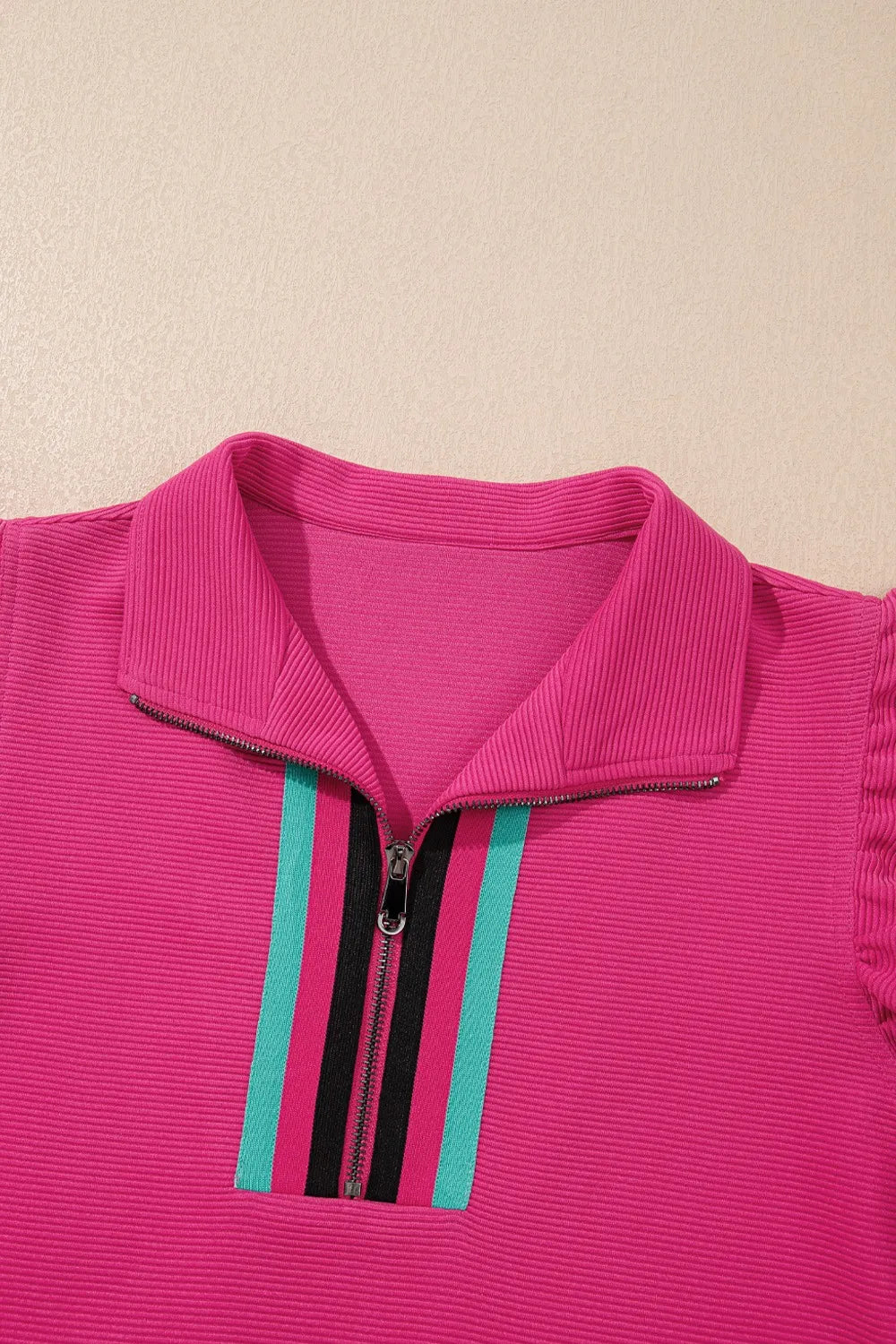 Striped Detail Flutter Sleeve Zipped Collar Top and Short Set Carauana Store