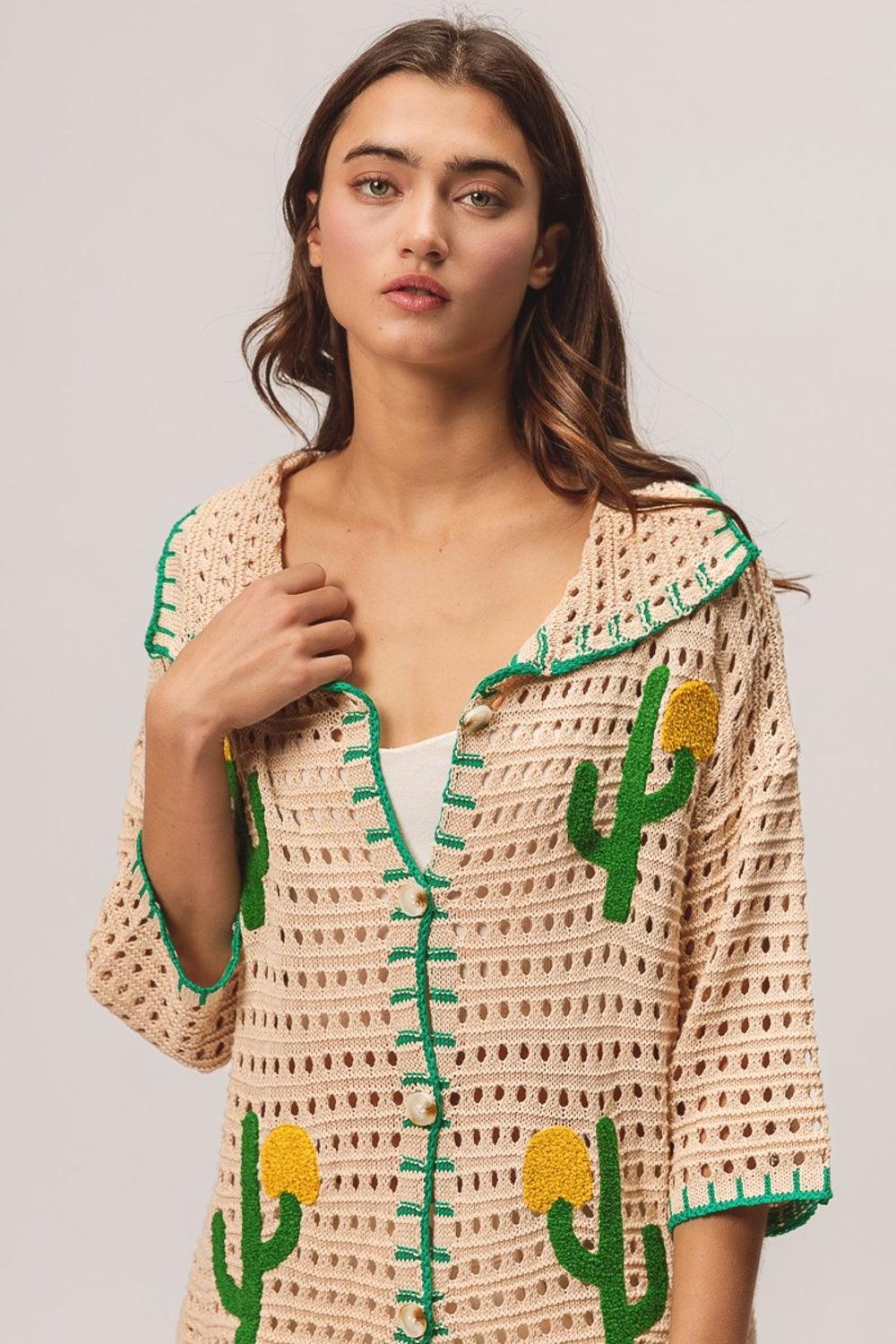 BiBi Edge Stitched Cactus Patch Sweater Cardigan Carauana Store