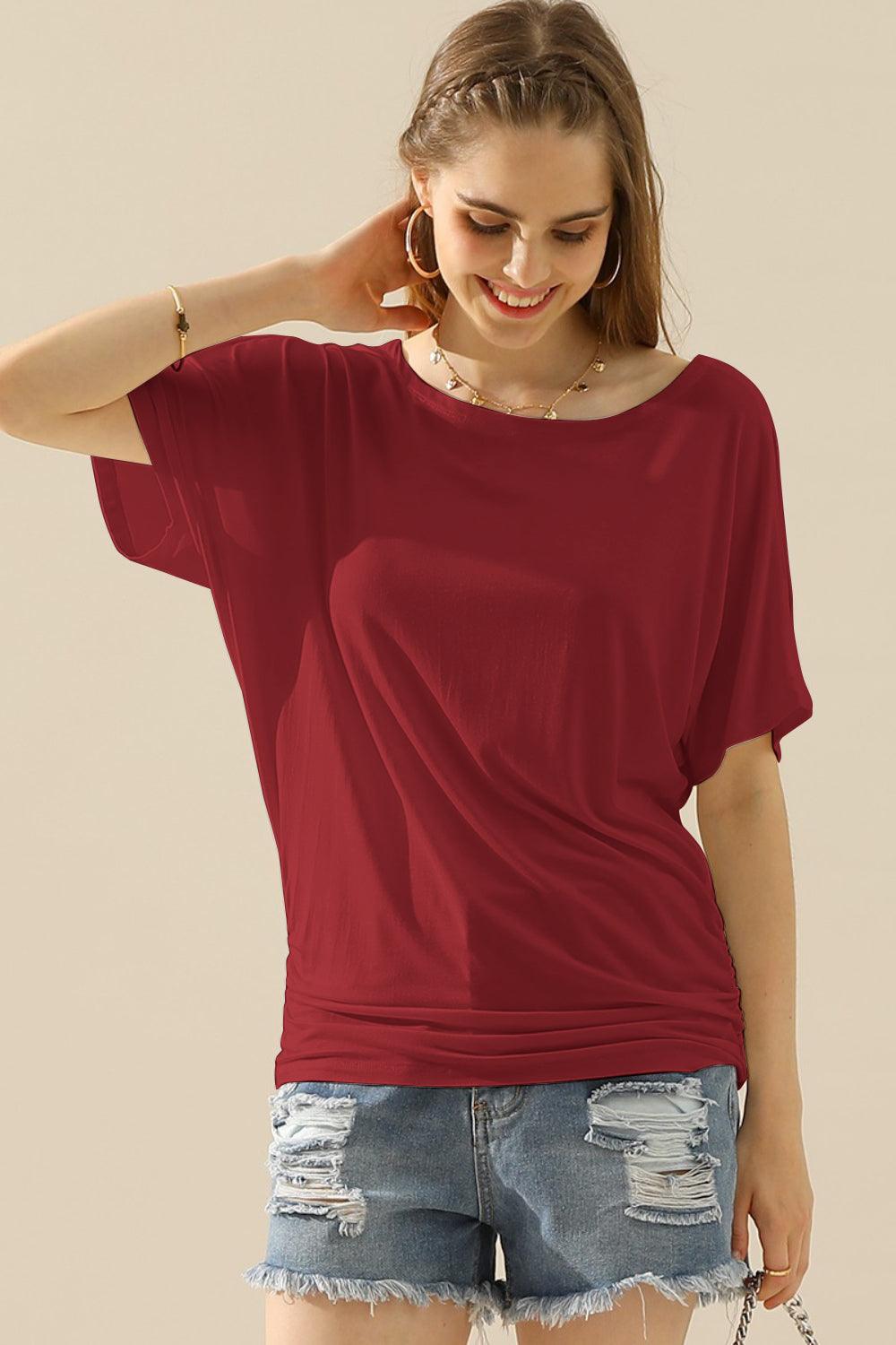 Ninexis Boat Neck Short Sleeve Ruched Side Top Carauana Store