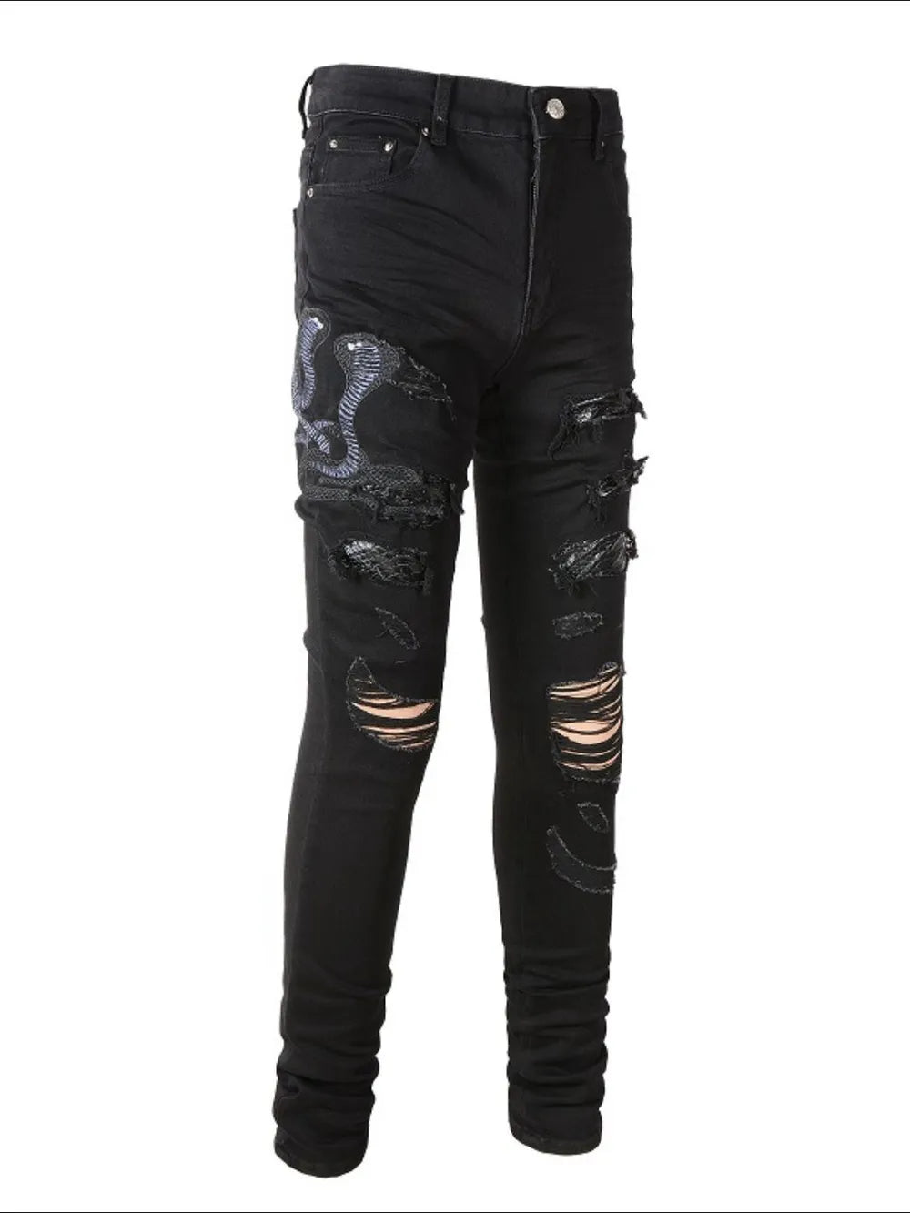 Men's Washed Snake Embroidered Slim Jeans Carauana Store
