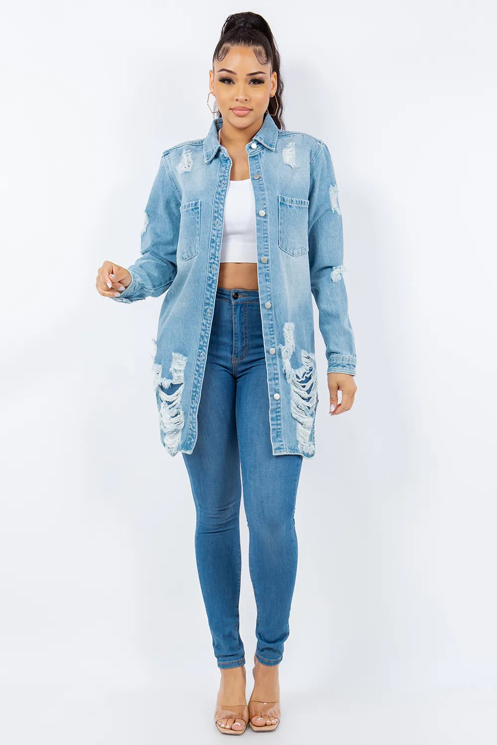 American Bazi Distressed Button Up Long Sleeve Denim Jacket Carauana Store