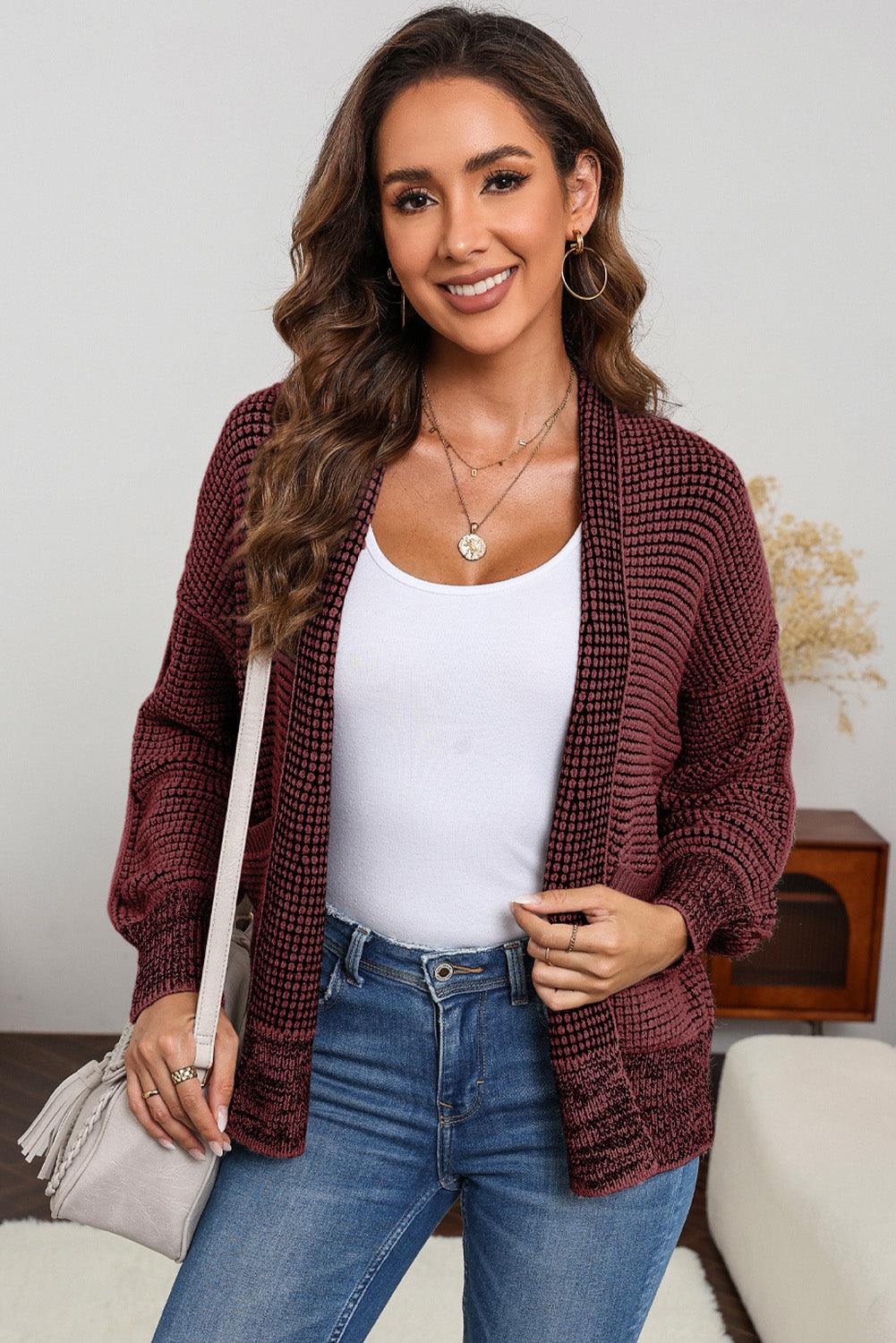 Waffle-knit Pocketed Open Front Cardigan Carauana Store