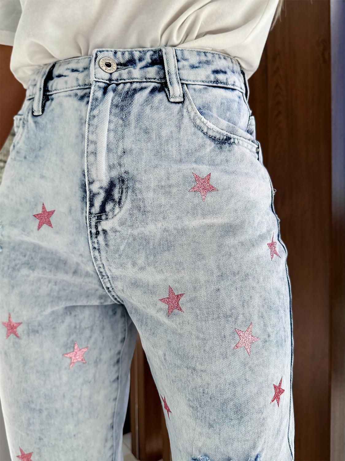 Distressed Star Straight Jeans with Pockets Carauana Store