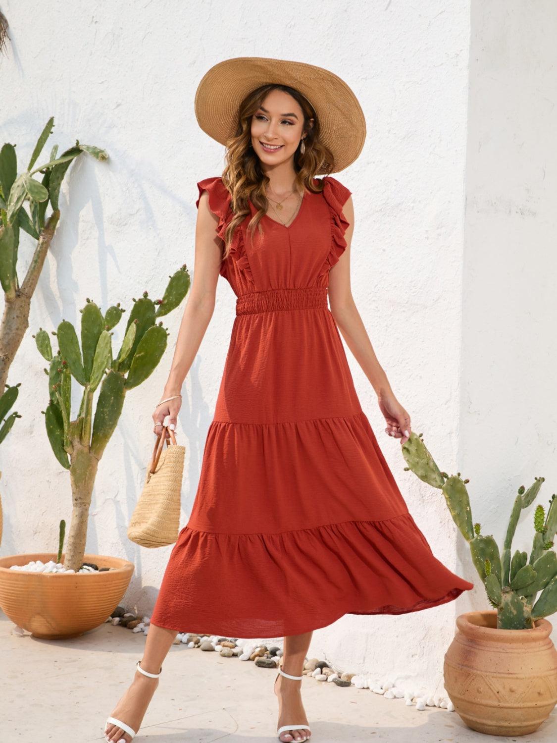 Tiered Ruffled V-Neck Cap Sleeve Dress Carauana Store