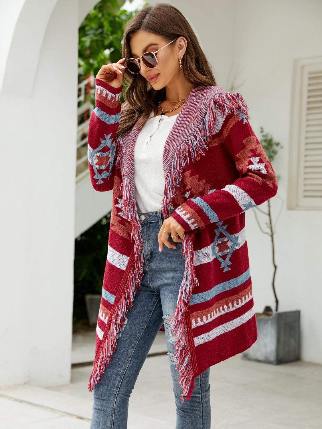 Fringe Geometric Hooded Long Sleeve Cardigan Carauana Store