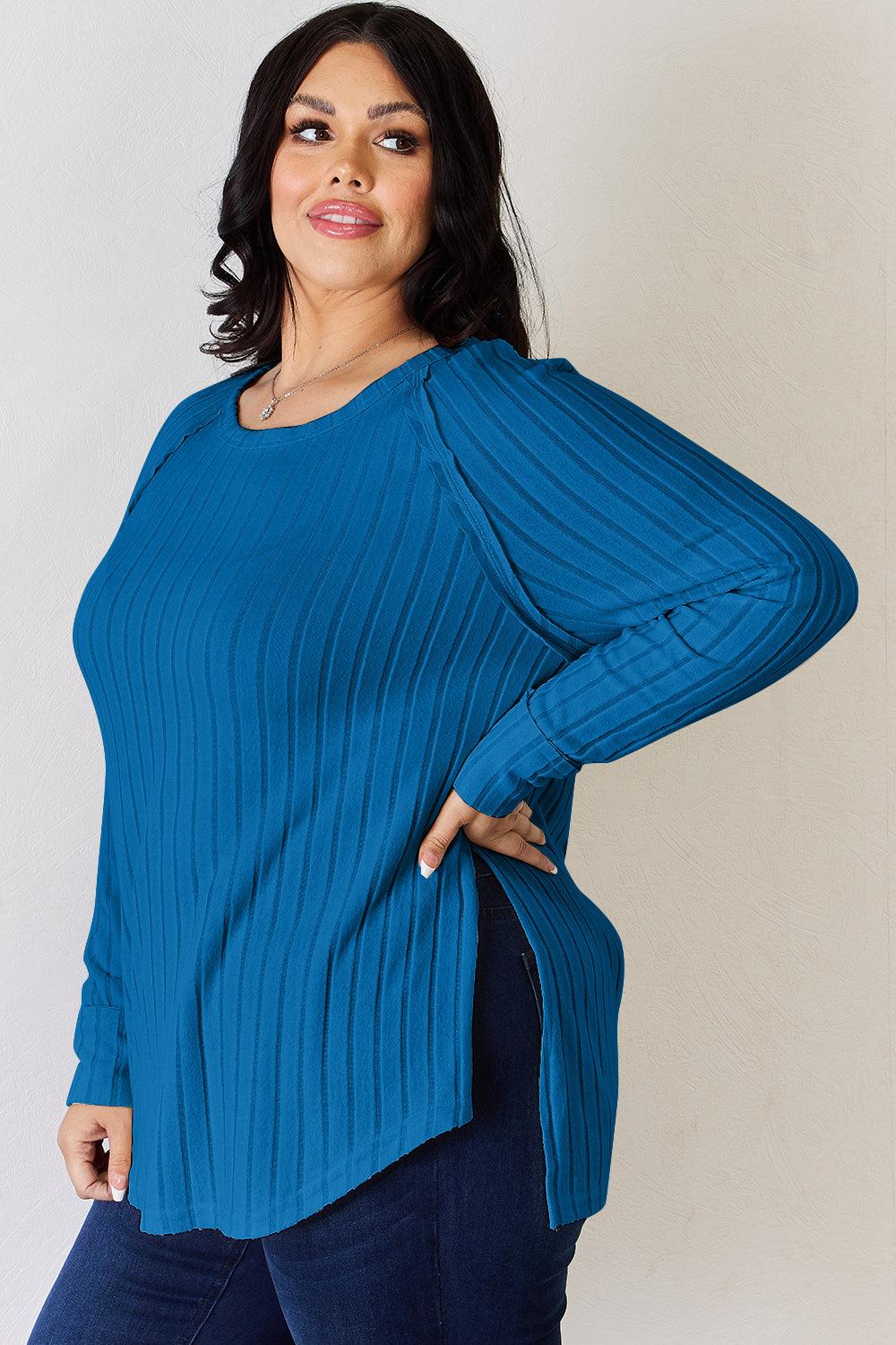 Basic Bae Full Size Ribbed Round Neck Slit T-Shirt Carauana Store