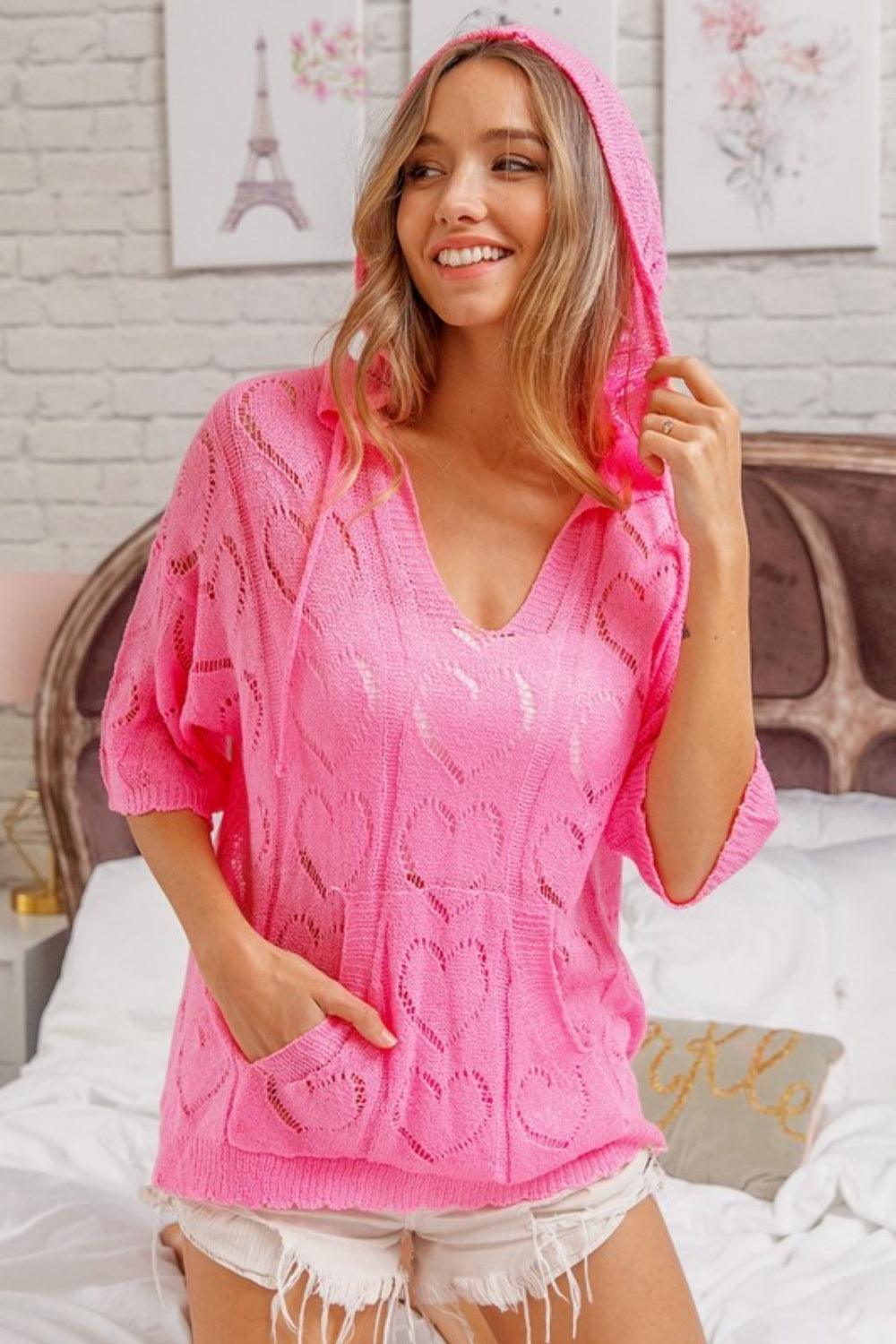 BiBi Openwork Heart Hooded Knit Top Carauana Store