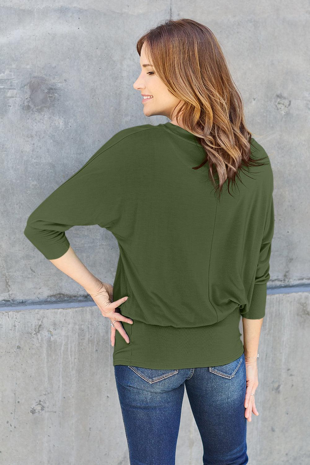 Basic Bae Full Size Round Neck Batwing Sleeve Blouse Carauana Store