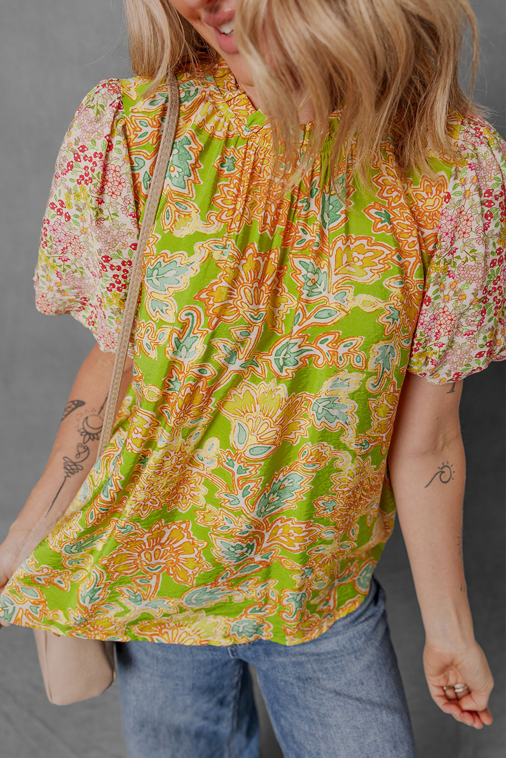 Multicolour Printed Contrast Bubble Sleeve Patchwork Blouse