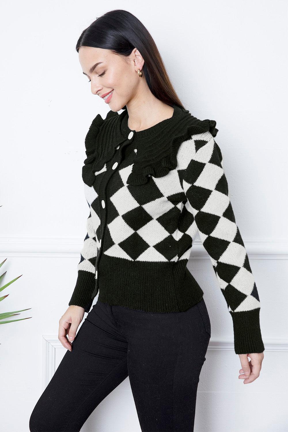 Argyle Element Button Up Ruffled Cardigan Carauana Store