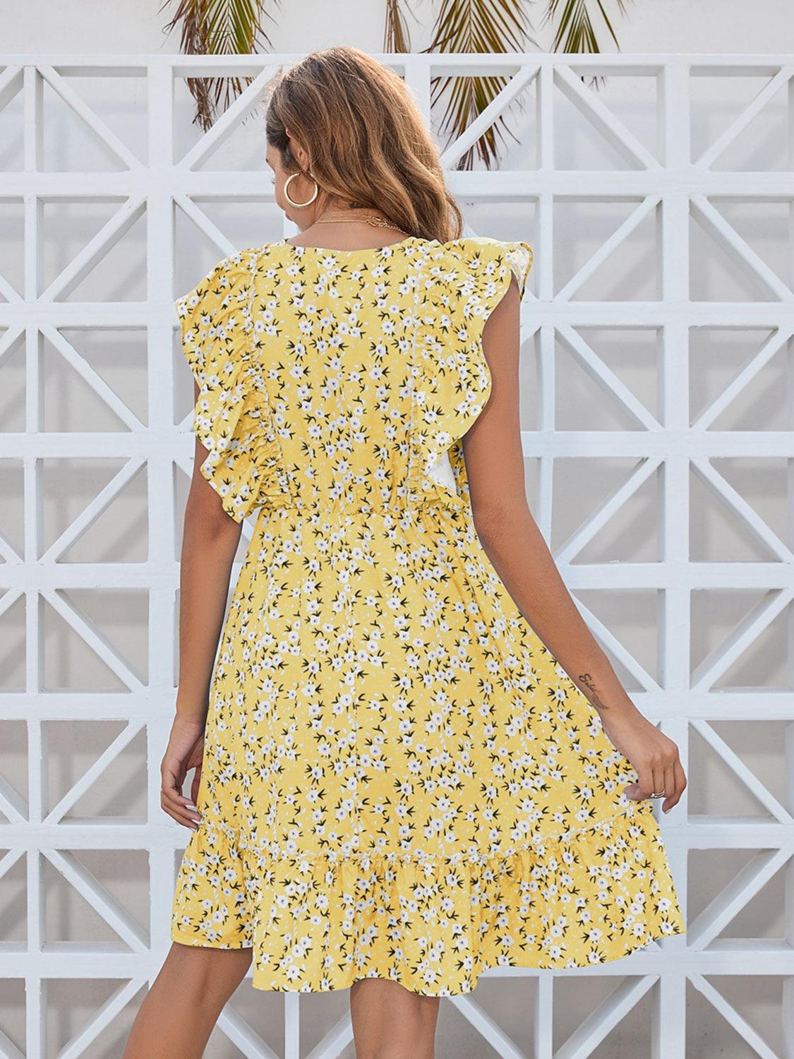 Ruffled Ditsy Floral Surplice Mini Dress Carauana Store
