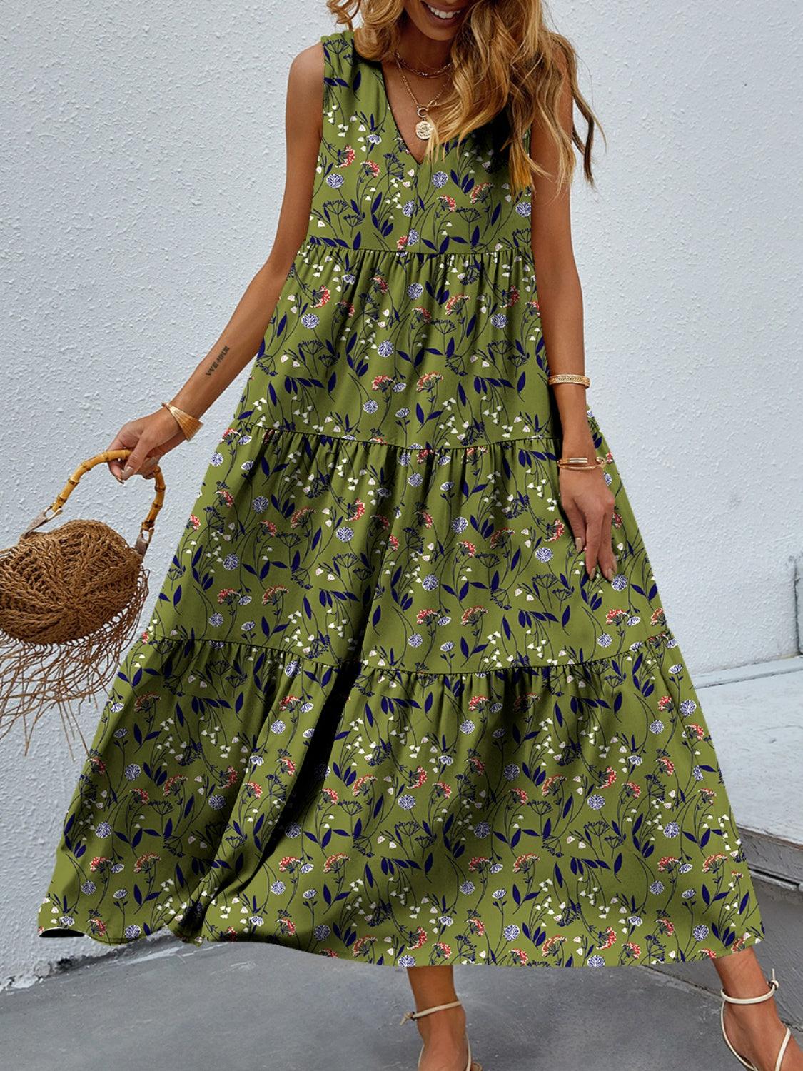 Tiered Printed V-Neck Sleeveless Dress Carauana Store