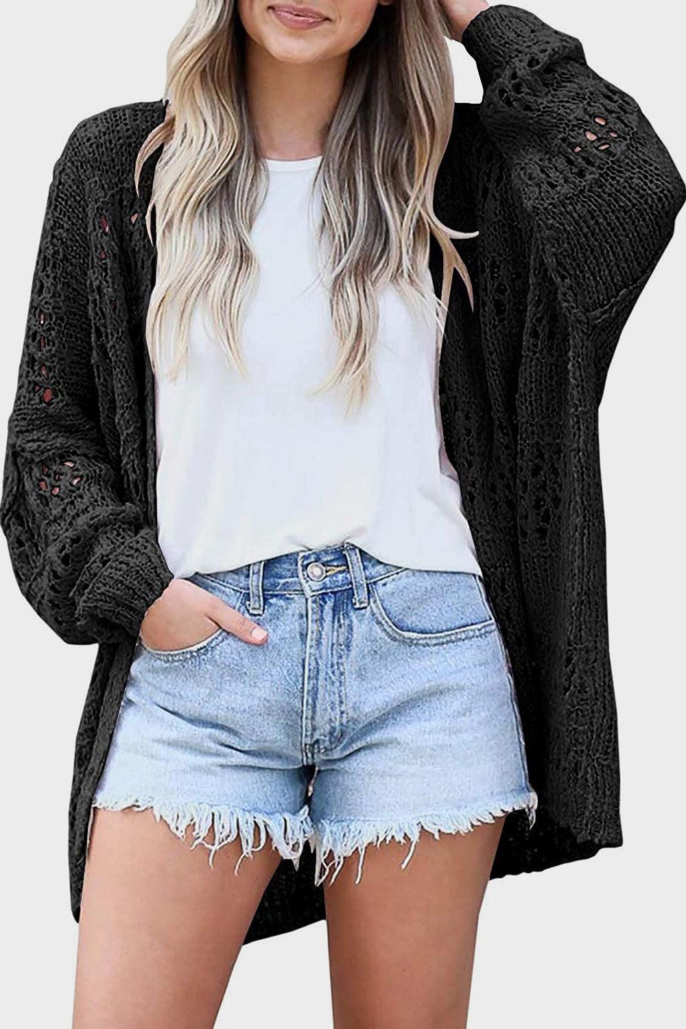 Openwork Open Front Long Sleeve Cardigan Carauana Store