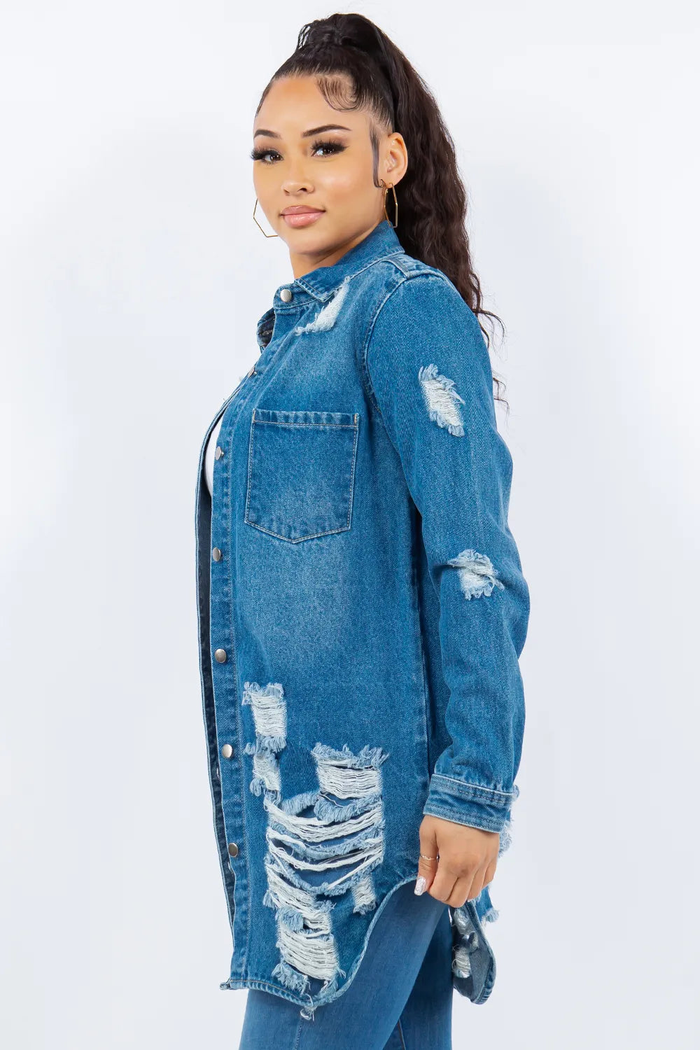 American Bazi Distressed Button Up Long Sleeve Denim Jacket Carauana Store