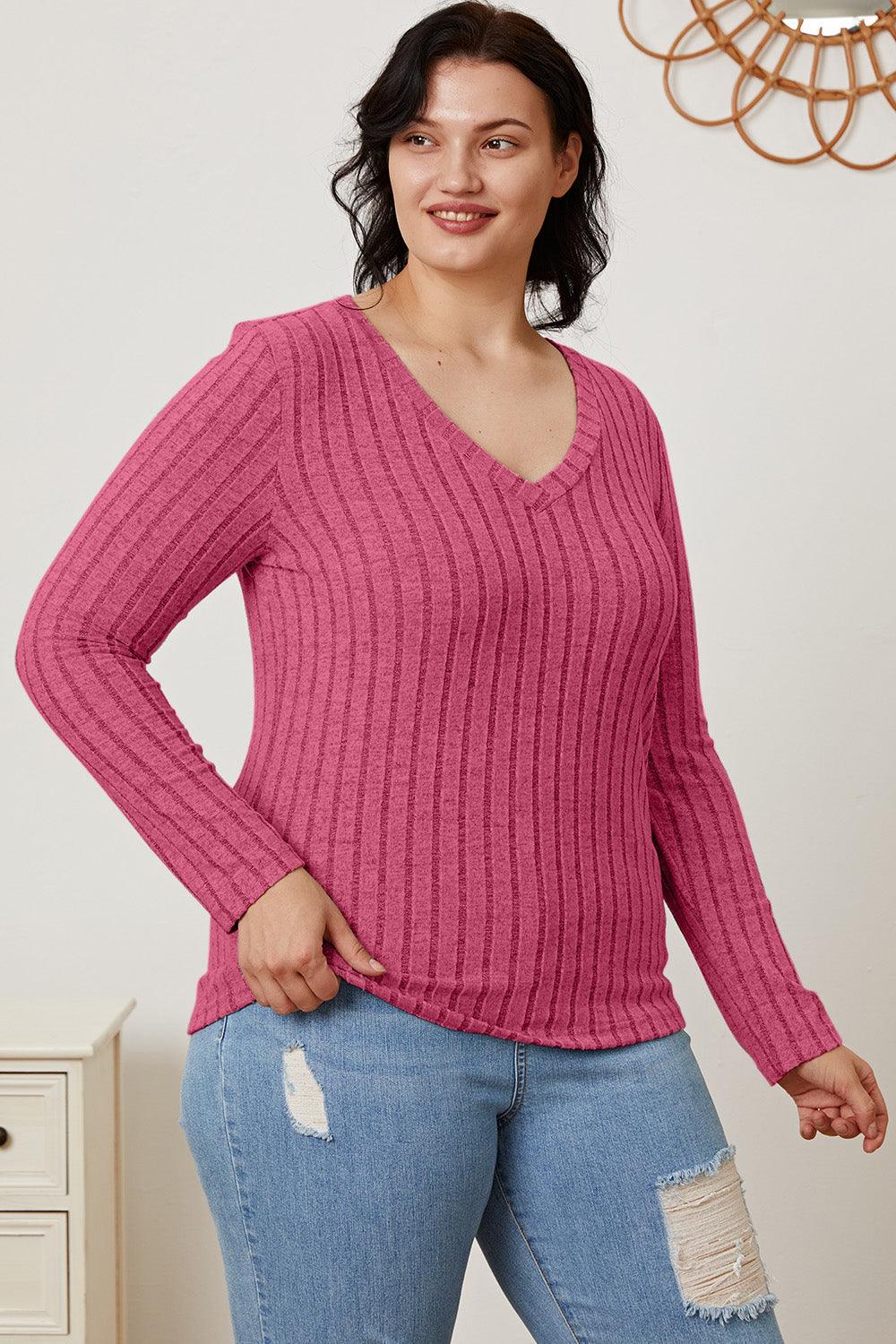Basic Bae Full Size Ribbed V-Neck Long Sleeve T-Shirt Carauana Store