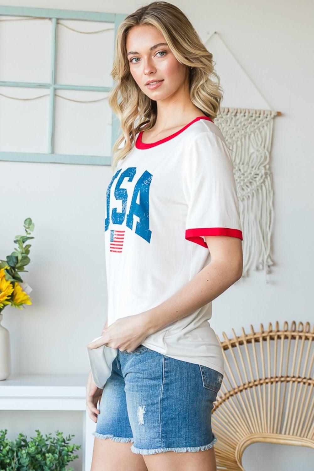 Heimish Full Size USA Contrast Trim Short Sleeve T-Shirt Carauana Store