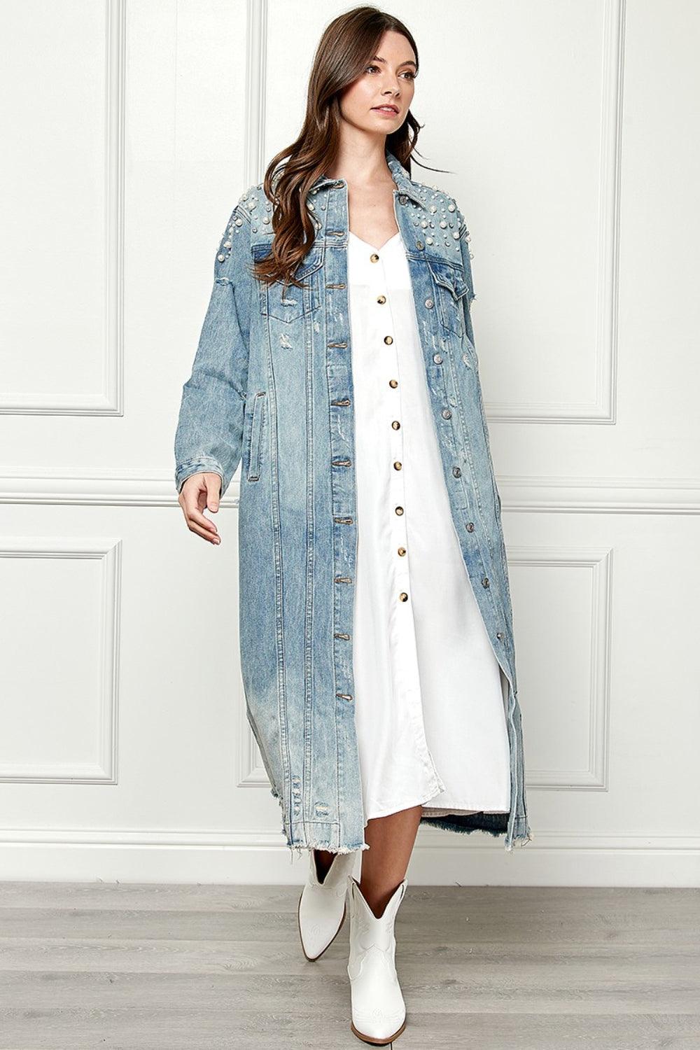 Veveret Full Size Distressed Raw Hem Pearl Detail Button Up Jacket Carauana Store