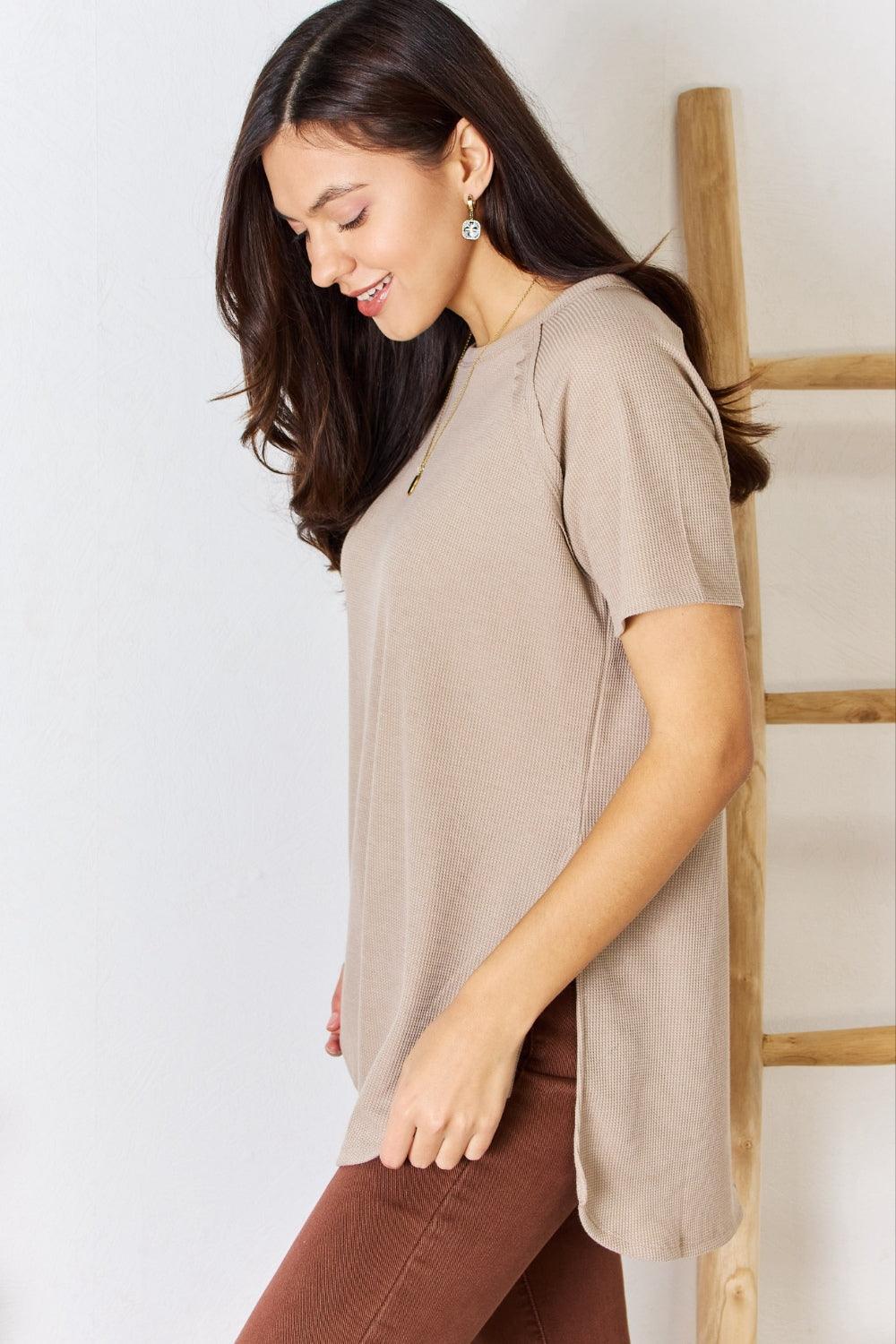 Zenana Baby Waffle Short Sleeve Slit High-Low T-Shirt Carauana Store