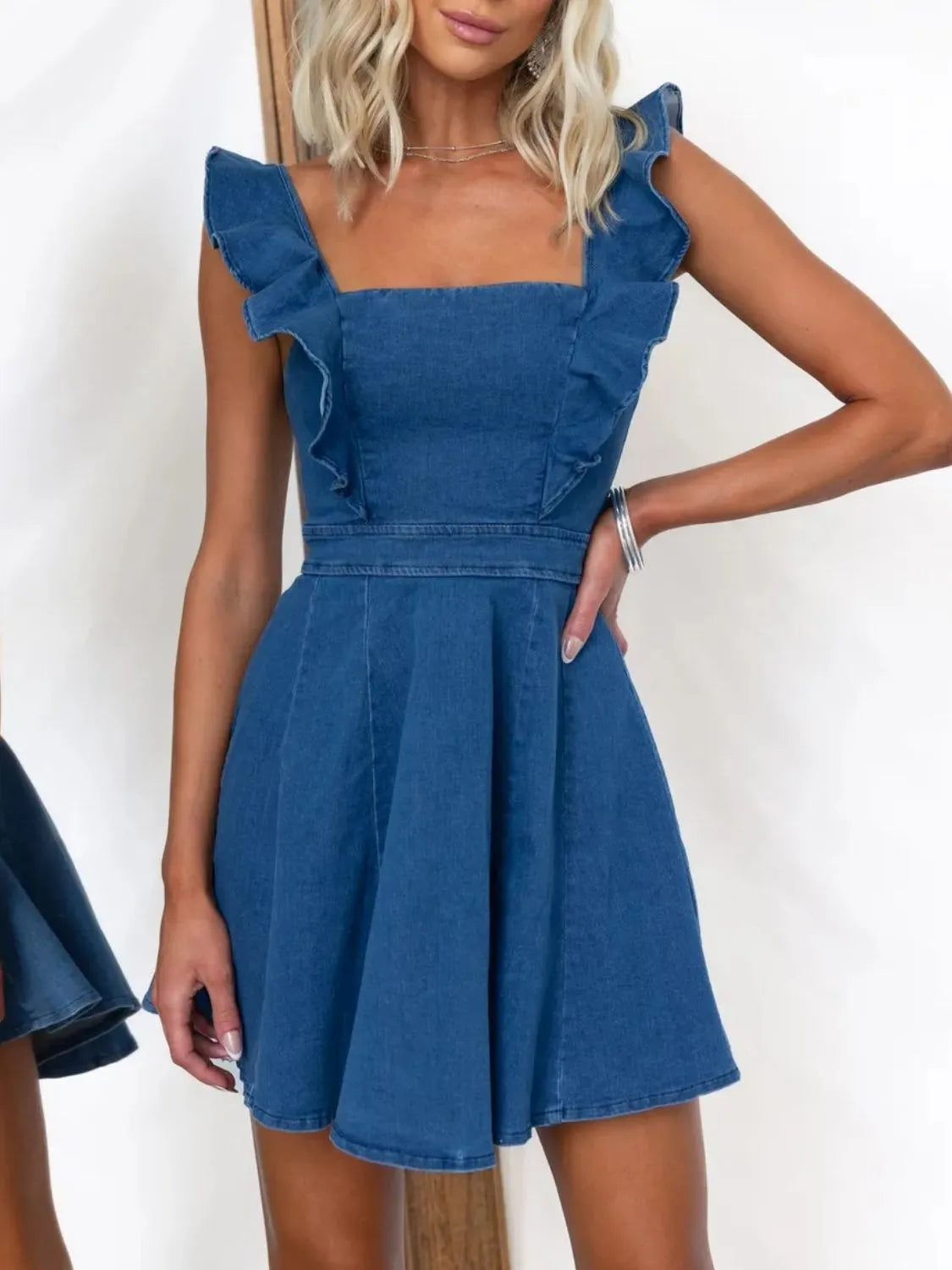 Ruffled Square Neck Denim Mini Dress Carauana Store