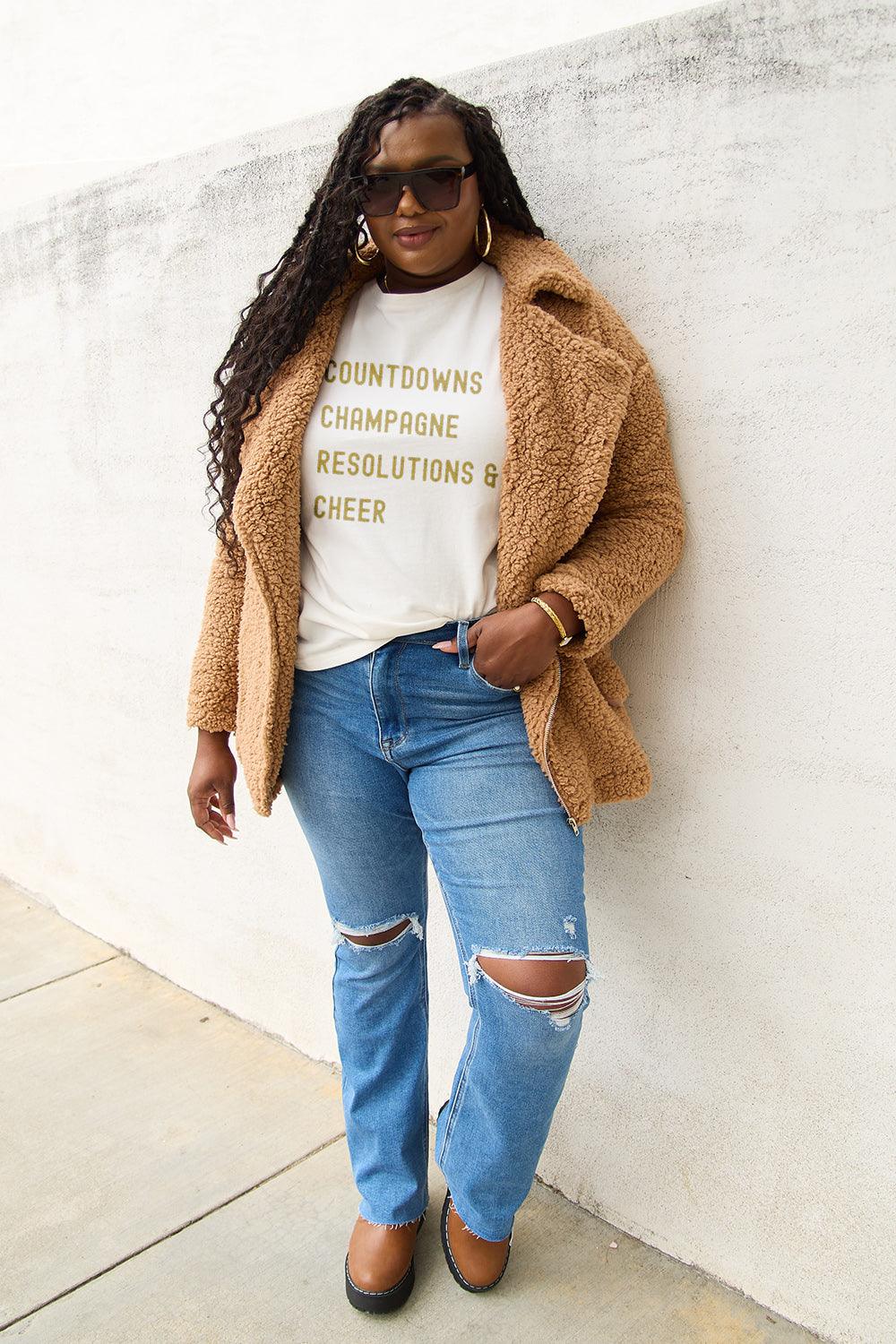 Simply Love Full Size COUNTDOWNS CHAMPAGNE RESOLUTIONS & CHEER Round Neck T-Shirt Carauana Store