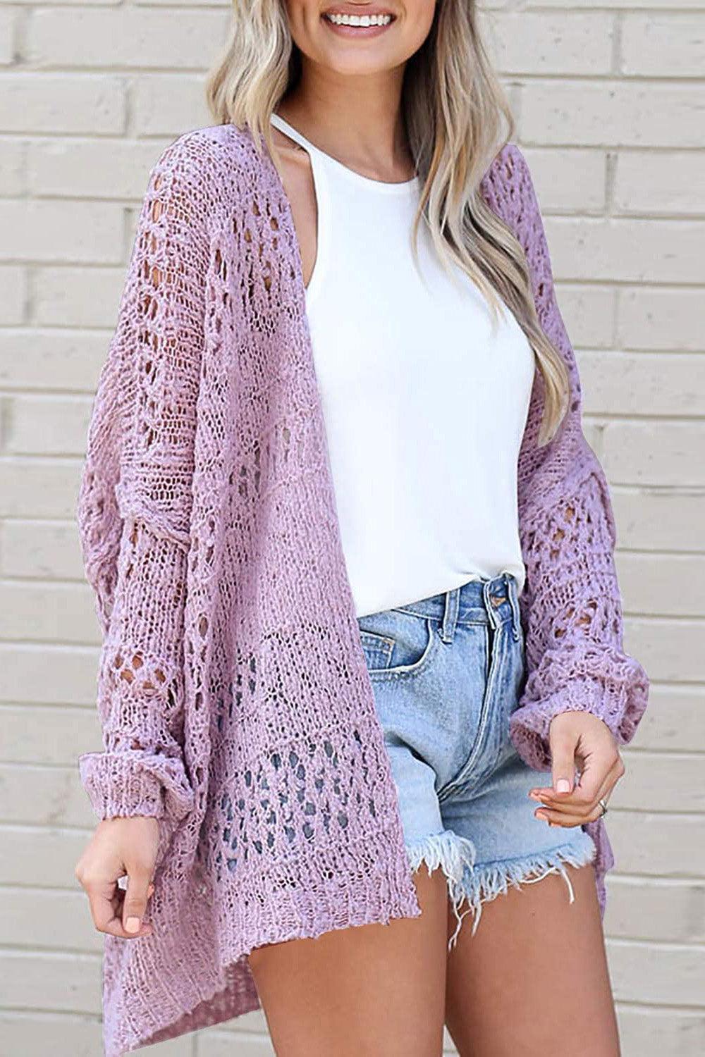 Openwork Open Front Long Sleeve Cardigan Carauana Store