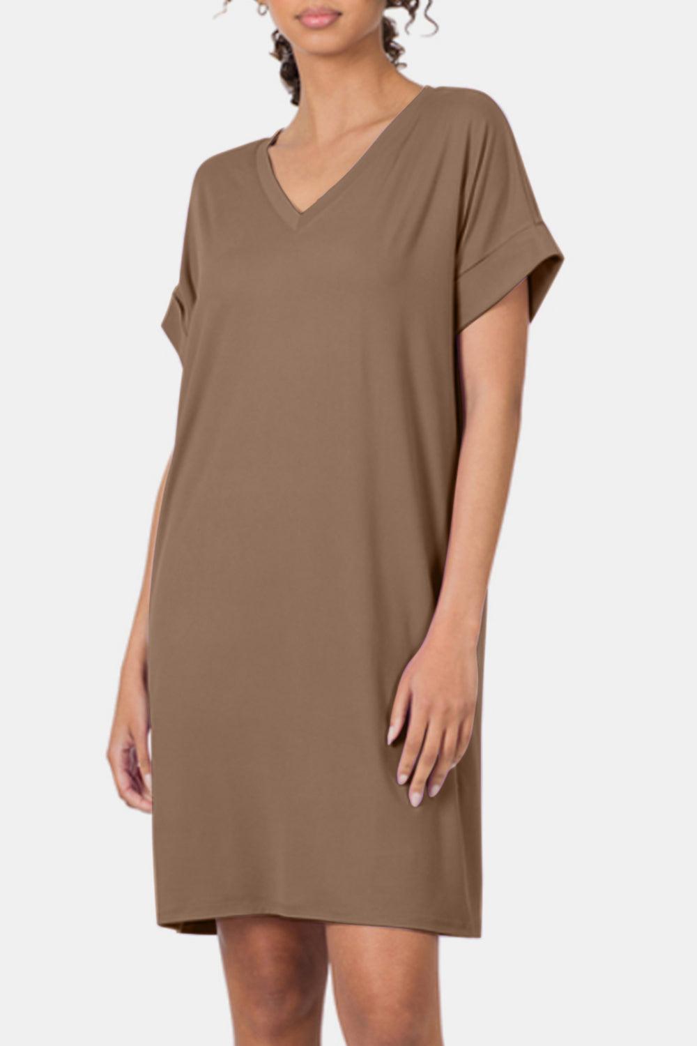 Zenana Rolled Short Sleeve V-Neck Dress Carauana Store