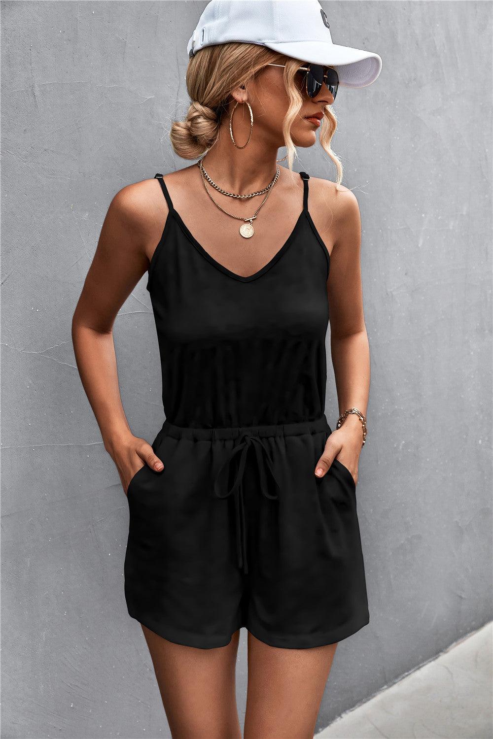 Spaghetti Strap V-Neck Pocket Romper Carauana Store
