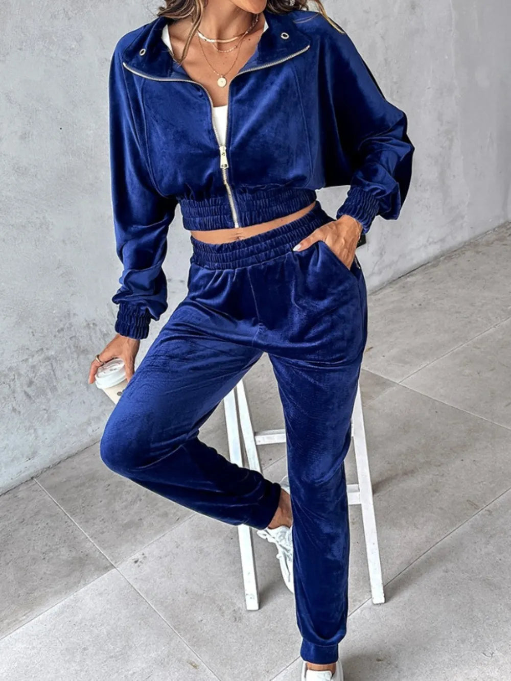 Zip Up Long Sleeve Cropped Top and Joggers Set Carauana Store