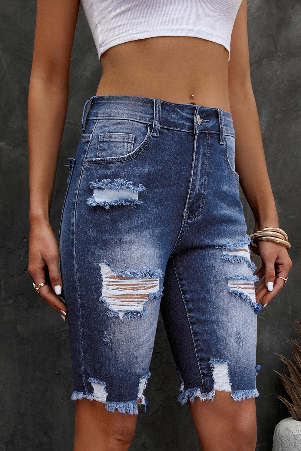 Distressed Frayed Hem Denim Bermuda Shorts Carauana Store
