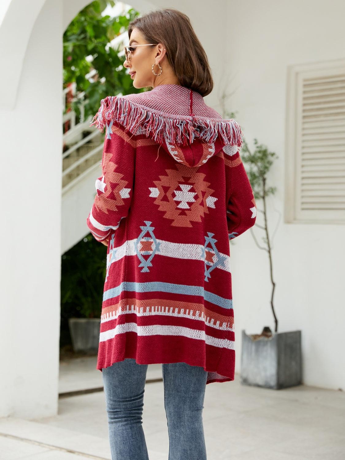 Fringe Geometric Hooded Long Sleeve Cardigan Carauana Store