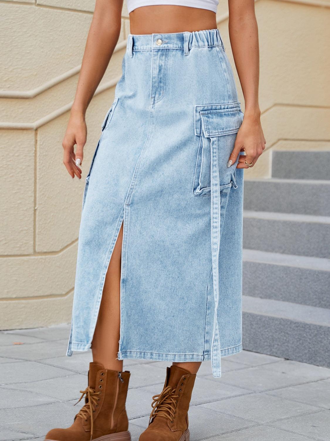 Slit Pocketed High Waist Denim Skirt Carauana Store
