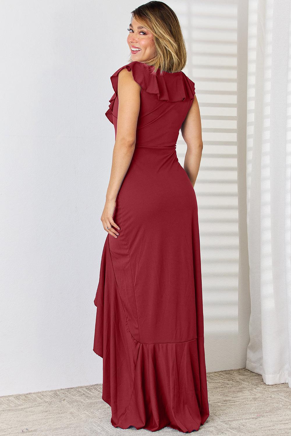 Ruffled V-Neck High-Low Dress Carauana Store