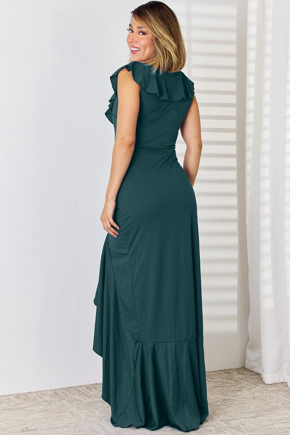 Ruffled V-Neck High-Low Dress Carauana Store