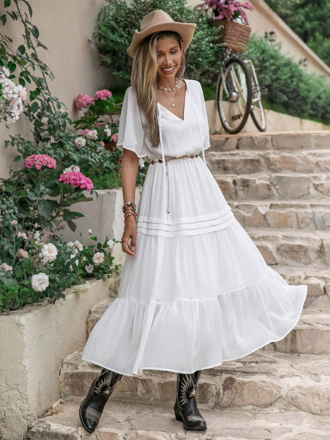 Tie Neck Short Sleeve Ruffle Hem Dress Carauana Store