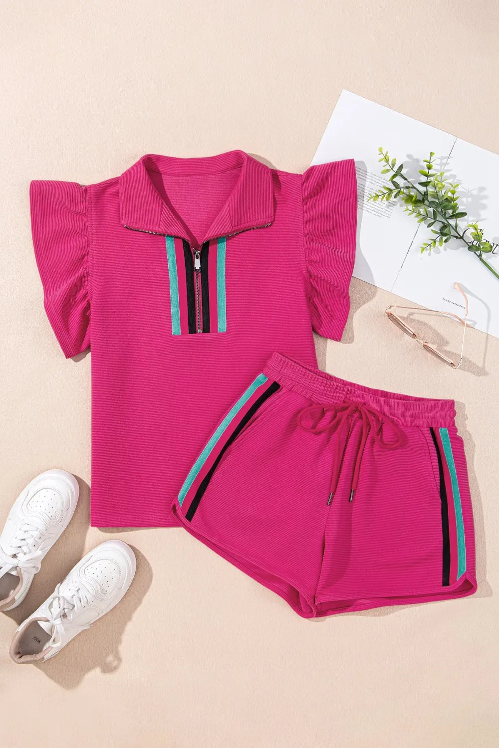 Striped Detail Flutter Sleeve Zipped Collar Top and Short Set Carauana Store