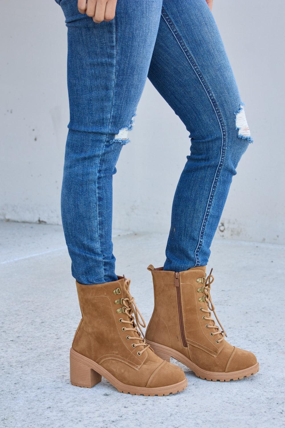 Forever Link Lace-Up Zipper Detail Block Heel Boots Carauana Store