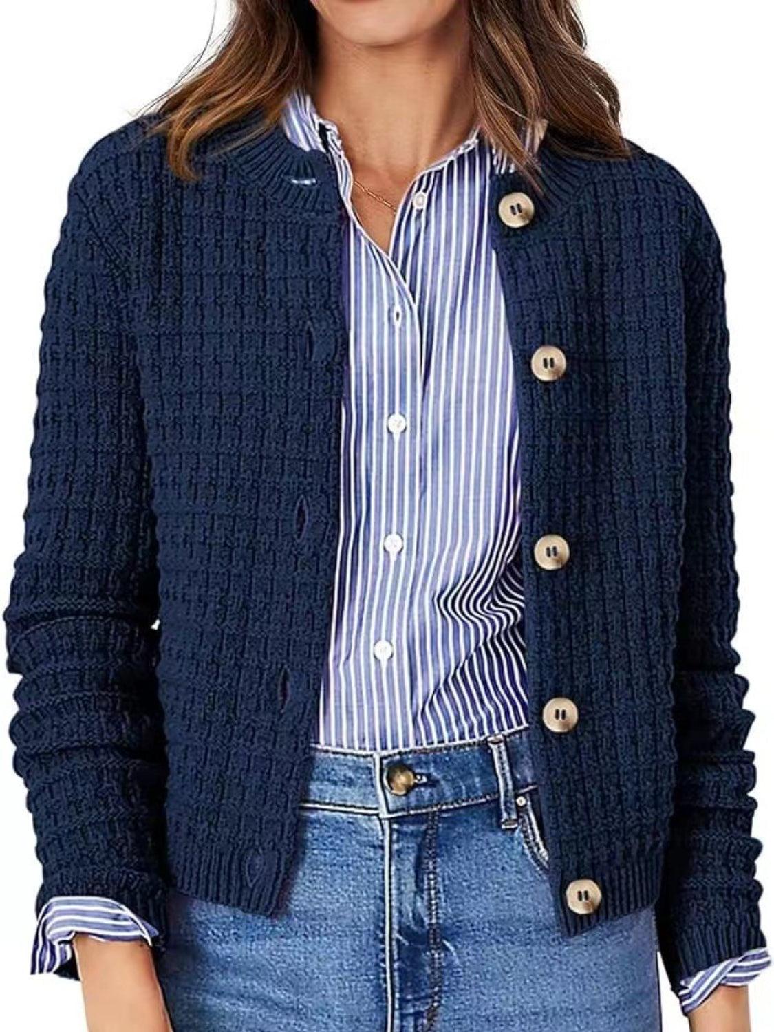 Button Up Round Neck Long Sleeve Cardigan Carauana Store