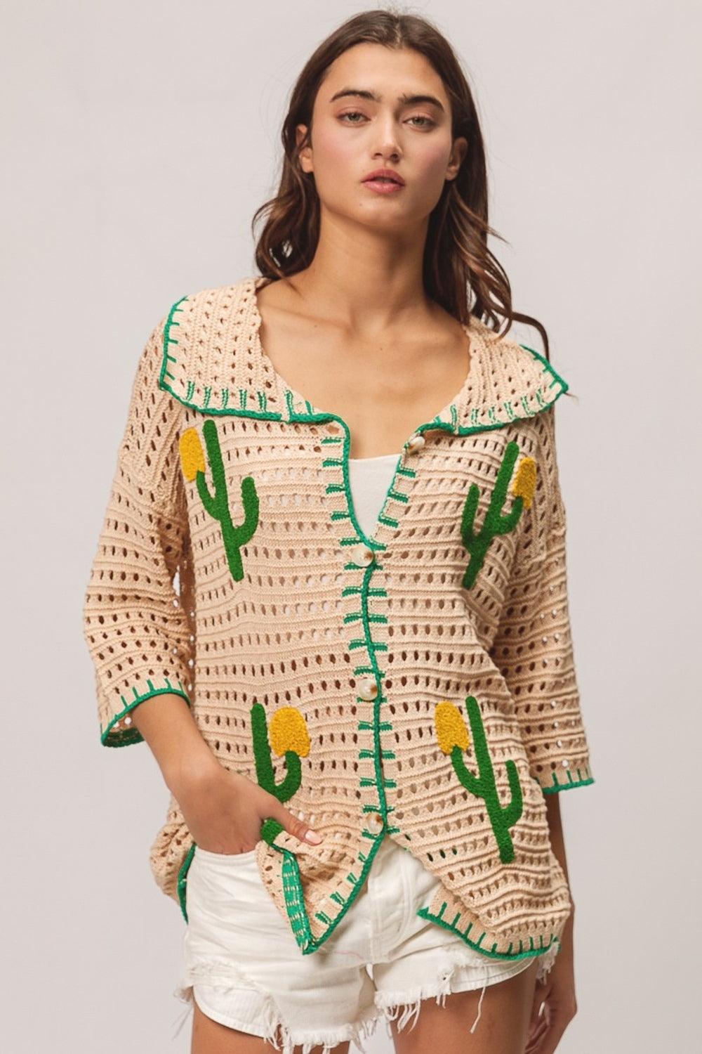 BiBi Edge Stitched Cactus Patch Sweater Cardigan Carauana Store