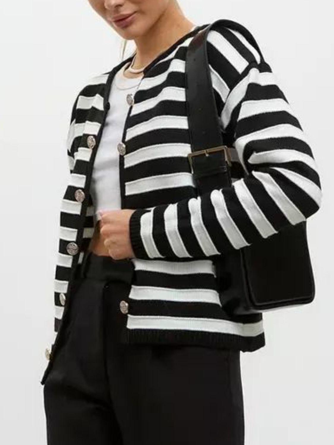 Striped Dropped Shoulder Long Sleeve Cardigan Carauana Store