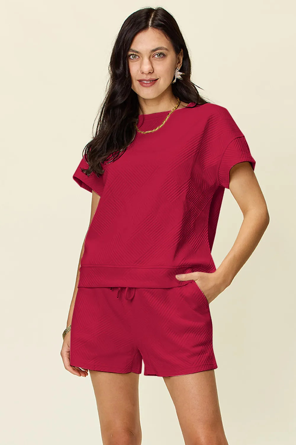 Double Take Full Size Texture Short Sleeve T-Shirt and Drawstring Shorts Set Carauana Store