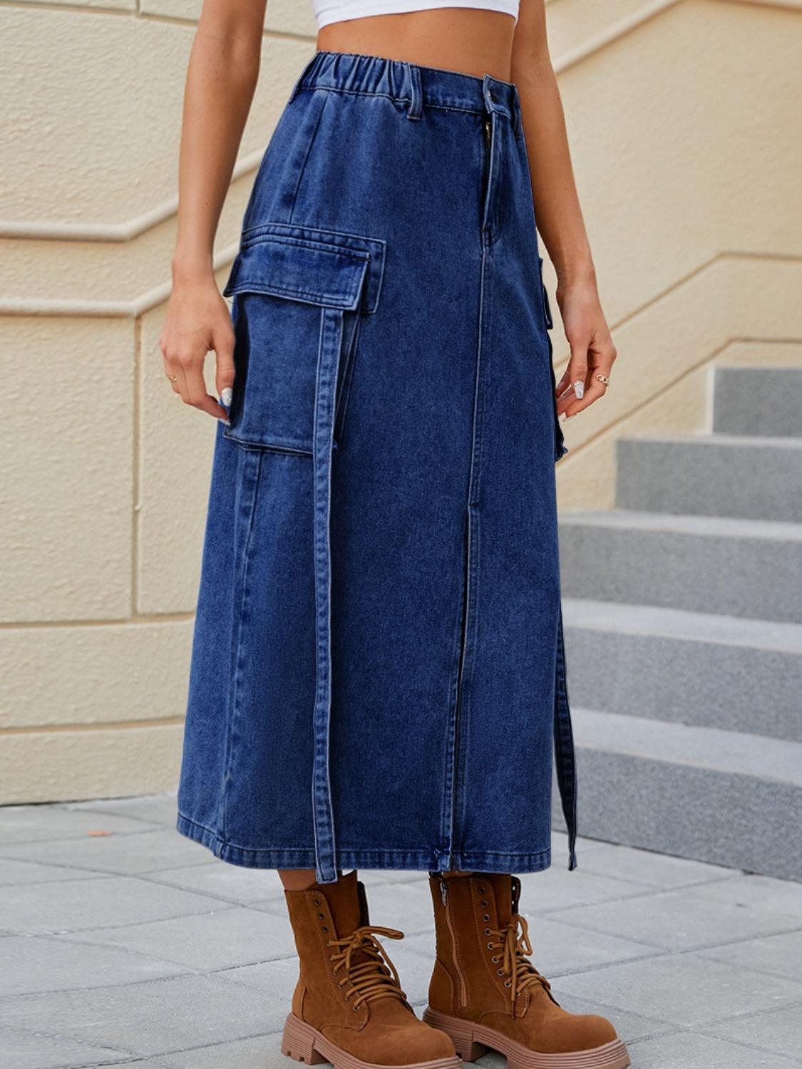 Slit Pocketed High Waist Denim Skirt Carauana Store