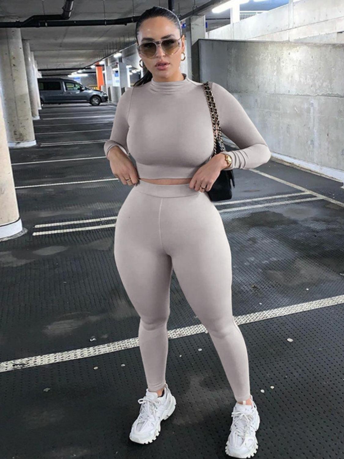 Mock Neck Long Sleeve Top and High Waist Pants Set Carauana Store
