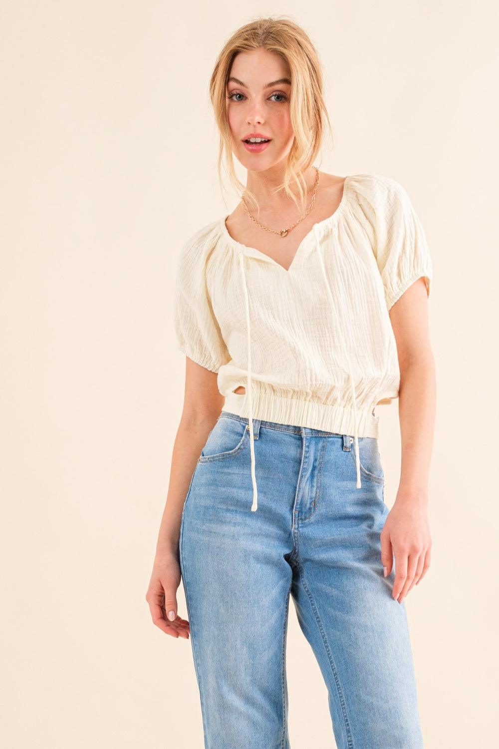 And The Why Back Waist Tie Cropped Blouse Carauana Store