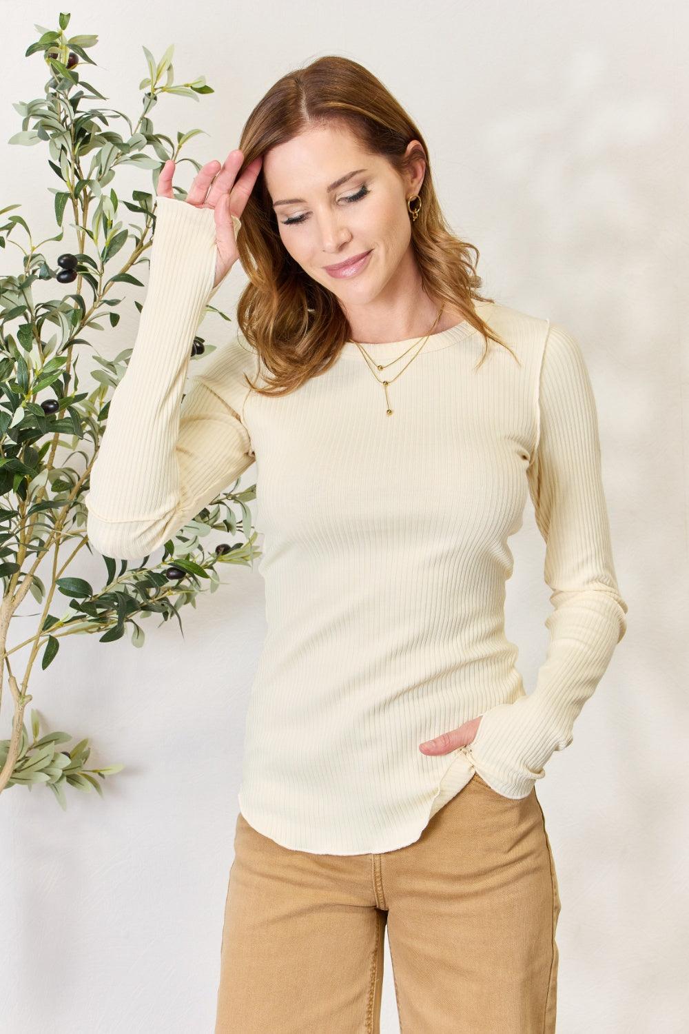 Culture Code Full Size Ribbed Round Neck Long Sleeve Top Carauana Store