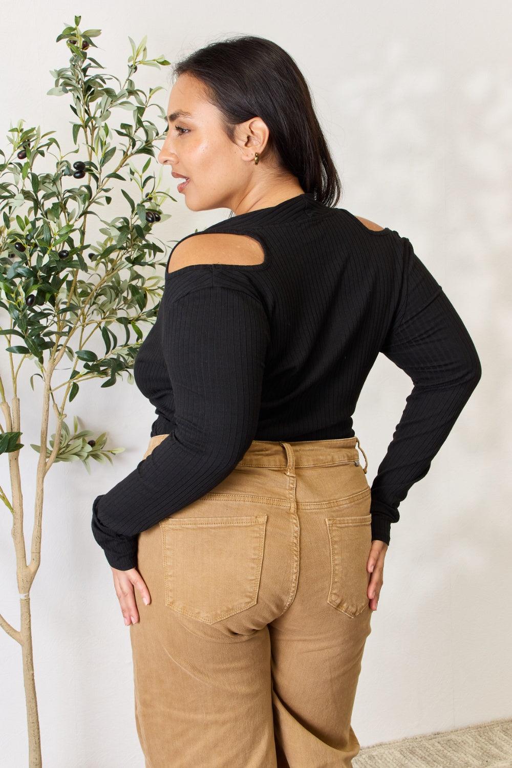 Culture Code Full Size Ribbed Surplice Cold Shoulder Top Carauana Store