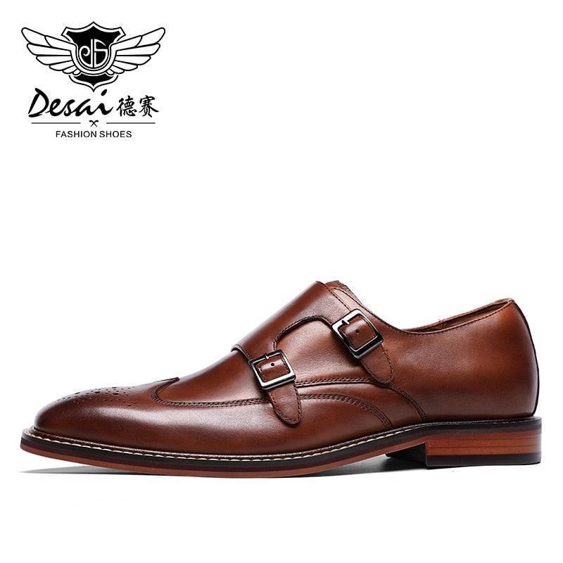 DESAI Monk Strap Slip on Genuine Leather Business Handmade Dress Brogue with Buckle Carauana Store