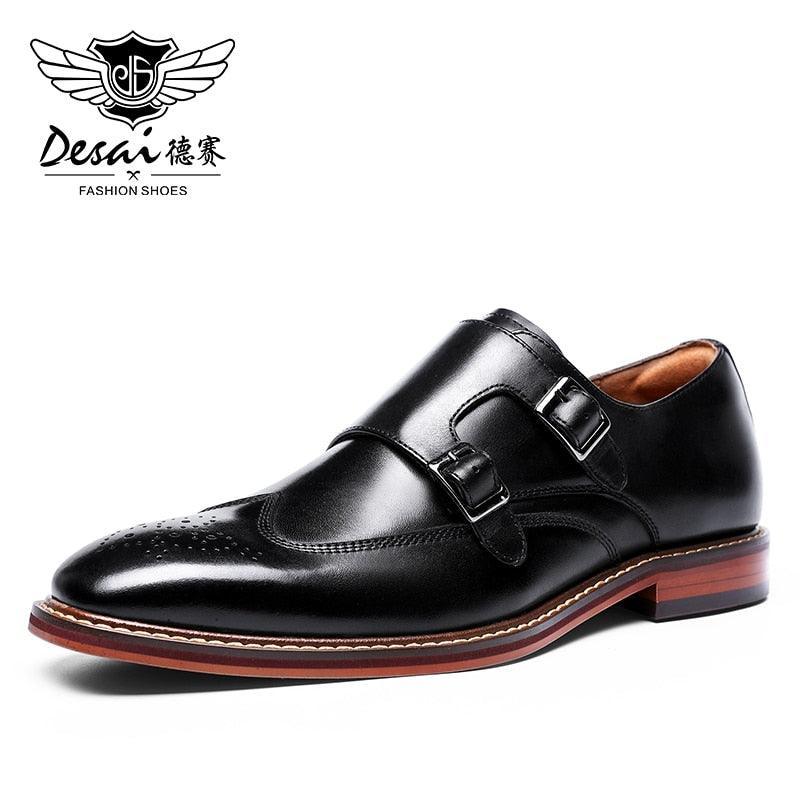 DESAI Monk Strap Slip on Genuine Leather Business Handmade Dress Brogue with Buckle Carauana Store